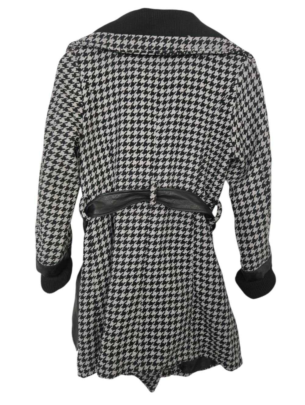 Y2K YOKI Houndstooth Belted Coat Black White Faux Leather Trim Medium - Picture 5 of 9